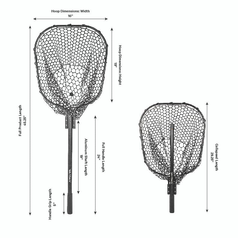 16” x 19” Landing Net with 24” Long Telescoping Handle and Rubber Netting, Black