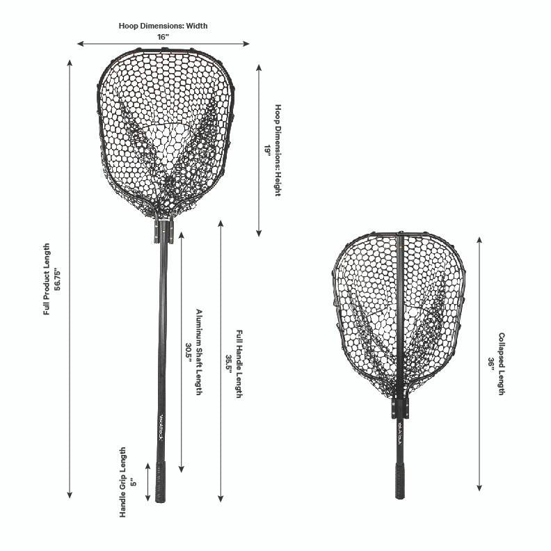 16” x 19” (40,64 cm x 48,26 cm) Landing Net with 35.5” (90,17 cm) Long Telescoping Handle and Rubber Netting, Black