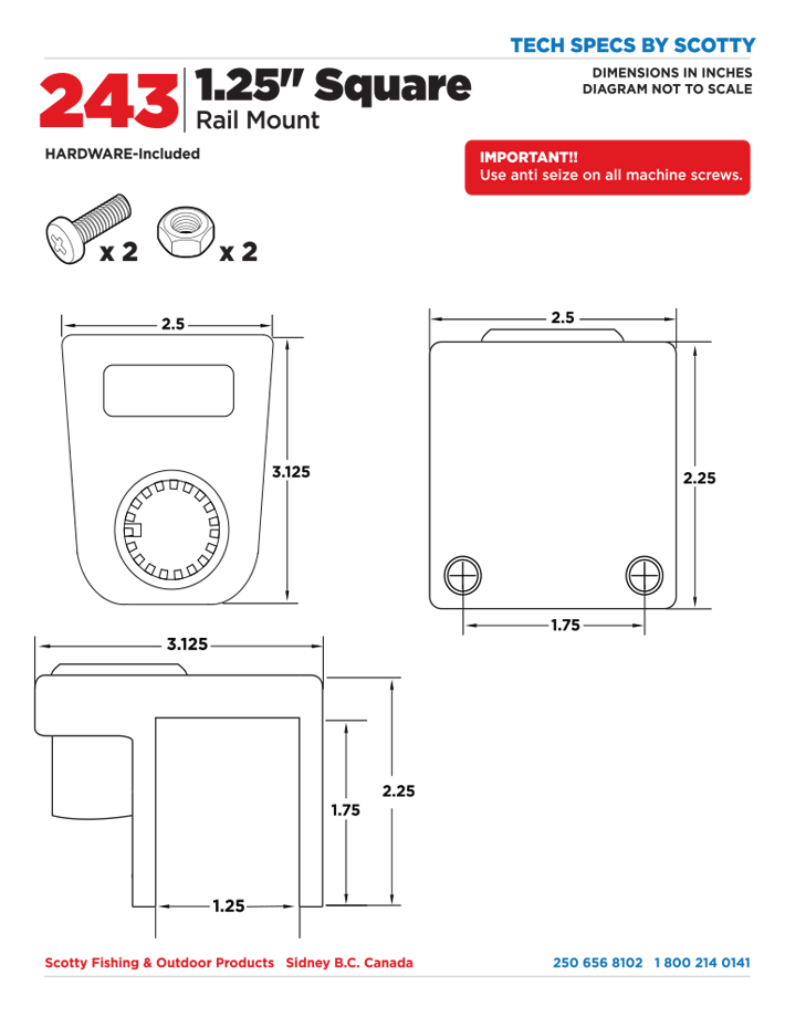SCOTTY "Rail Mounting Adapter" 243, 1-1/4” Square Rail